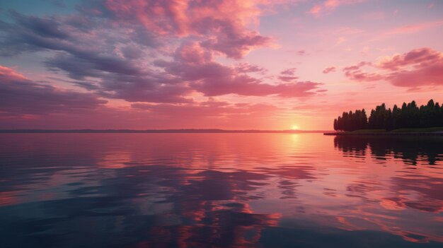 Il sole tramonta su un lago con l'erba alta