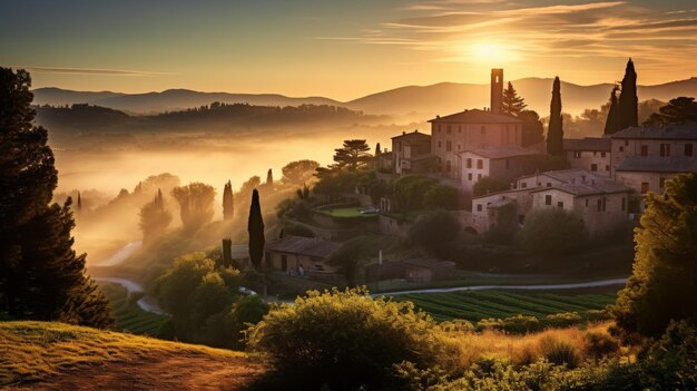 Il sole tramonta su un villaggio sereno proiettando un bagliore dorato radiante sulle case pittoresche e sulle strade tortuose