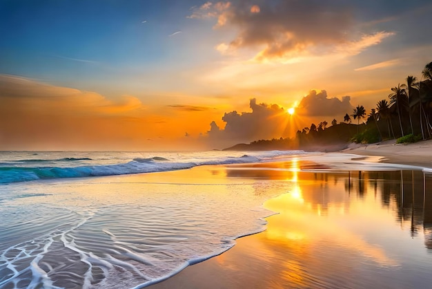 Il sole tramonta su una spiaggia con palme e un tramonto.