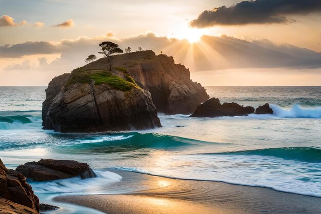 Il sole tramonta su una spiaggia rocciosa.