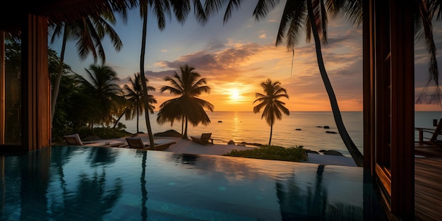 il sole tramonta su una spiaggia tropicale con palme Finestra vista dalla finestra del resort