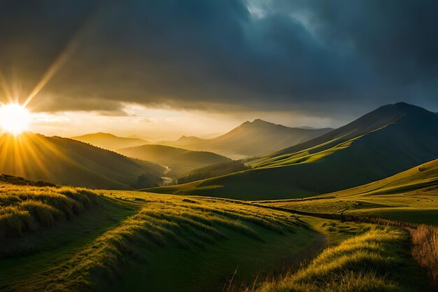 Il sole tramonta su una valle con le montagne sullo sfondo.