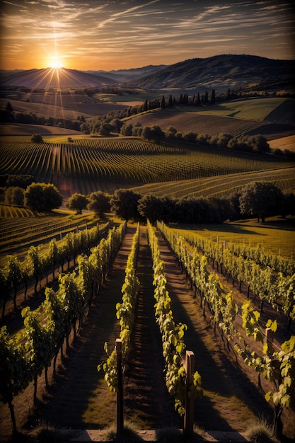 Il sole tramonta su una vigna sulle colline