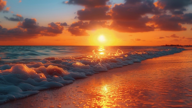 Il sole tramonta sull'acqua sulla spiaggia