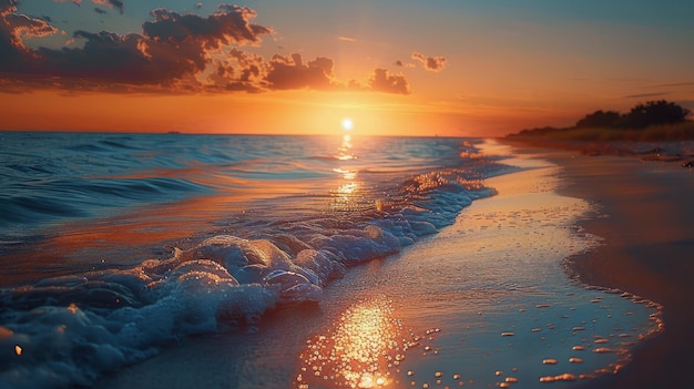 Il sole tramonta sull'acqua sulla spiaggia