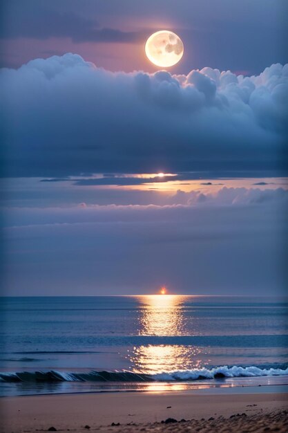 Il sole tramonta sull'oceano con un cielo nuvoloso.