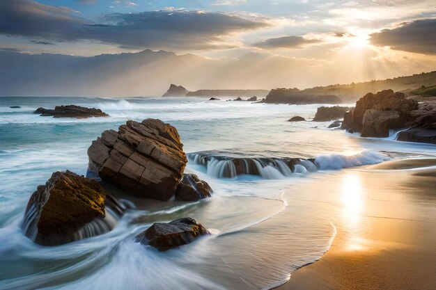 Il sole tramonta sull'oceano e sulle rocce.