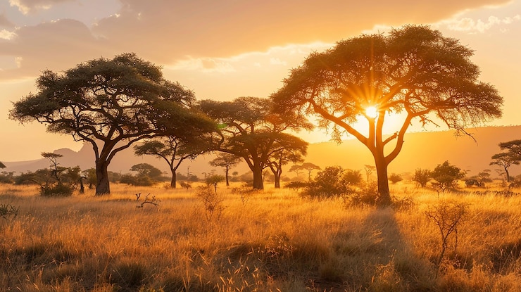 Foto il sole tramonta sulla savana.