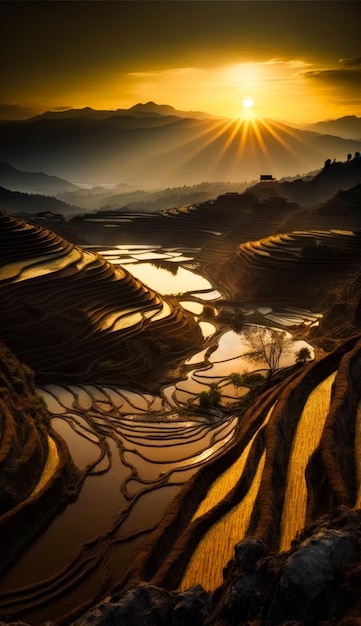 Il sole tramonta sulle terrazze di riso nella provincia cinese dello Yunnan IA generativa