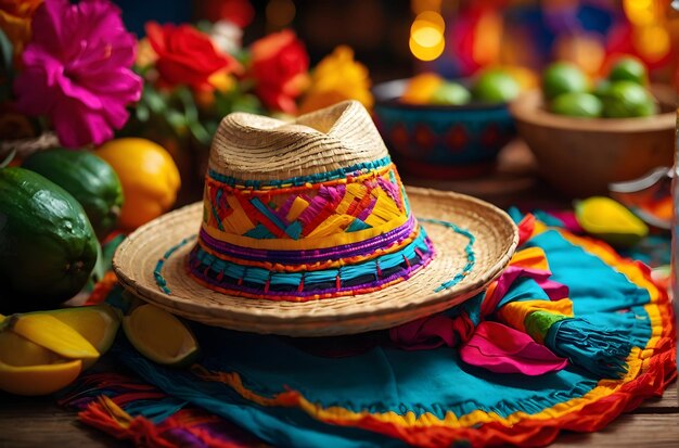 Il sombrero Cinco de Mayo poggia su un tavolo accanto a una ciotola di lime verdi