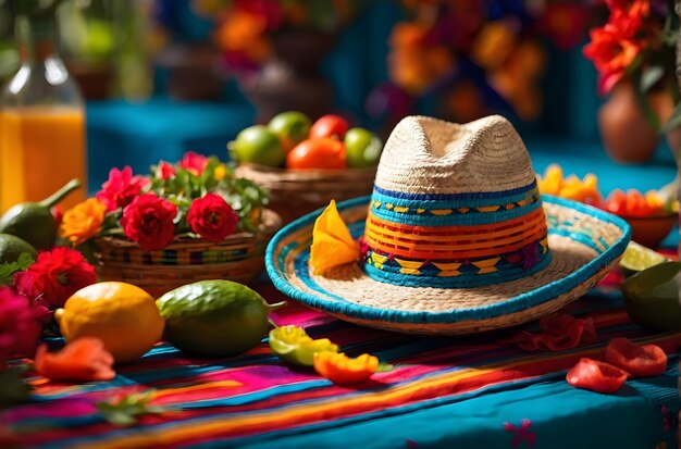 Il sombrero Cinco de Mayo poggia su un tavolo accanto a una ciotola di lime verdi