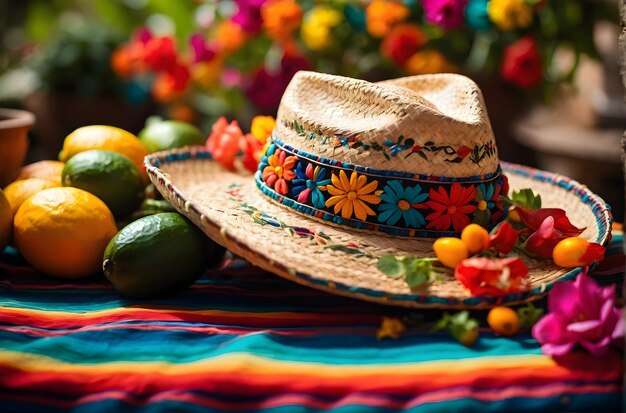 Il sombrero Cinco de Mayo poggia su un tavolo accanto a una ciotola di lime verdi