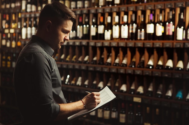 Il sommelier scrive alle note che annotano le informazioni sui prodotti del vino in cantina