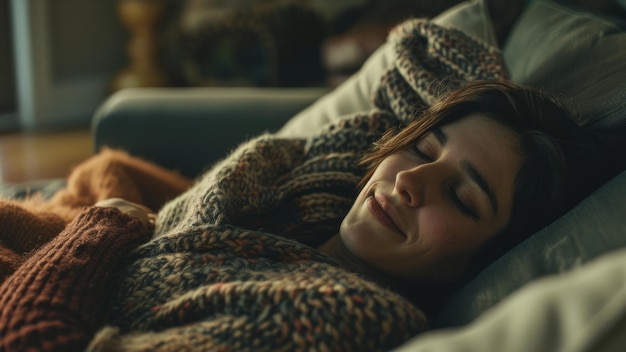 Il sonnellino pacifico di una giovane donna avvolta in una coperta di maglia.