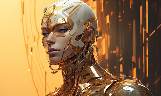 Il sorprendente ritratto di un cyborg adornato con un'armatura dorata