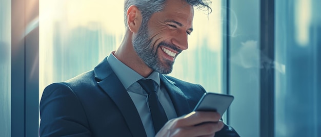 Il sorridente e sicuro CEO di un'azienda ha un cellulare in mano e si trova in ufficio utilizzando la tecnologia di applicazioni mobili per le imprese e le soluzioni finanziarie online