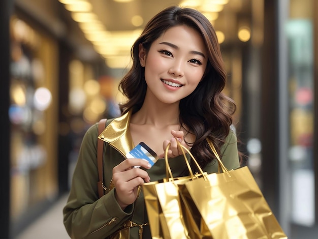 Il sorriso carino della donna asiatica e le borse della spesa dorate mostrano la carta di credito piuttosto femminile mod