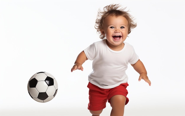 Il sorriso di un bambino mentre gioca a calcio su SFONDO BIANCO