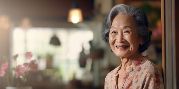 Il sorriso di una vecchia donna asiatica racconta una storia di esperienze e crescita