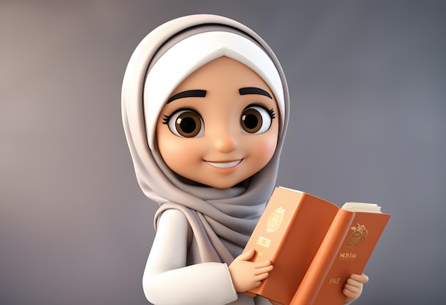 Il sorriso sveglio della ragazza musulmana del hijab del carattere 3D ha letto il libro