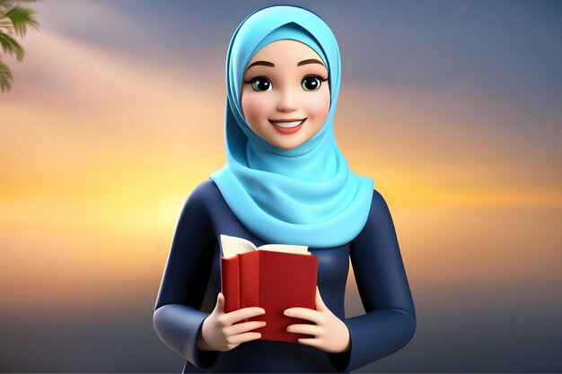 Il sorriso sveglio della ragazza musulmana del hijab del carattere 3D ha letto il libro