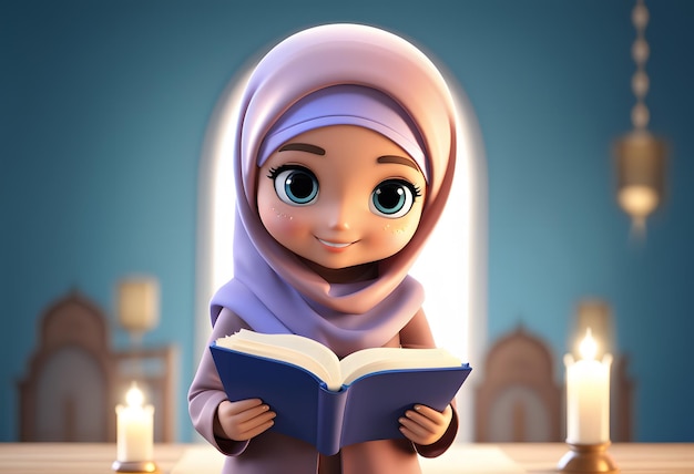 Il sorriso sveglio della ragazza musulmana del hijab del carattere 3D ha letto il libro