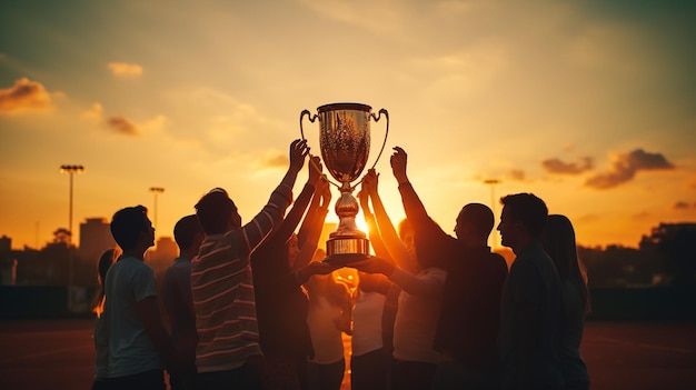 Il successo del lavoro di squadra il raggiungimento congiunto dell'obiettivo negli affari e nella vita La squadra vincente tiene il trofeo in mano Le silhouette di molte mani al tramonto