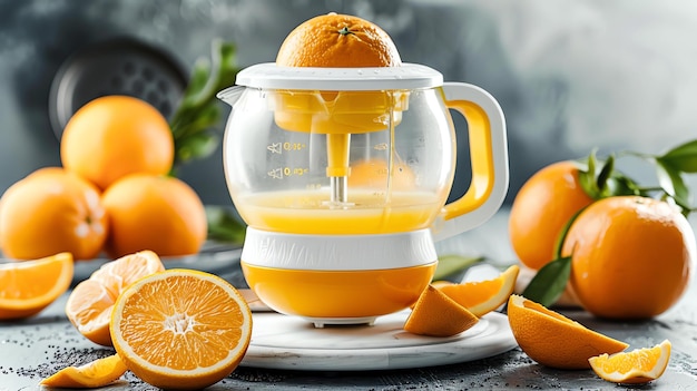 Il succo d'arancia appena spremuto è il modo migliore per iniziare la giornata Questa immagine mostra un succhiatore di agrumi con arance fresche