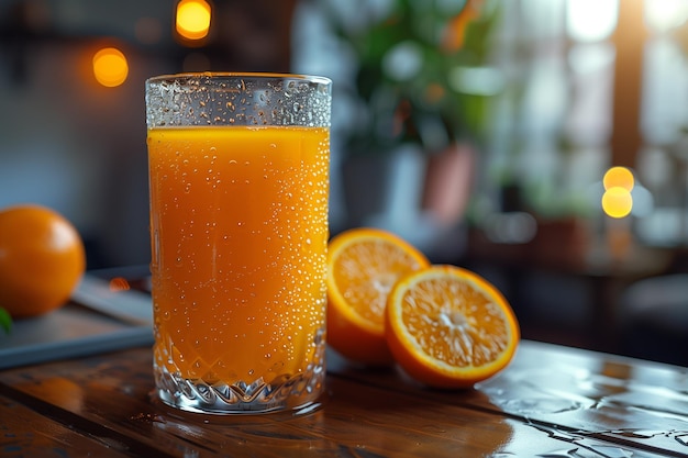 Il succo d'arancia appena spremuto viene posto sul tavolo della sala da pranzo