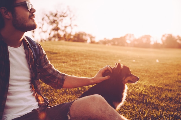 Il suo migliore amico e compagno. Giovane allegro che accarezza il cane mentre è seduto sull'erba verde all'aperto