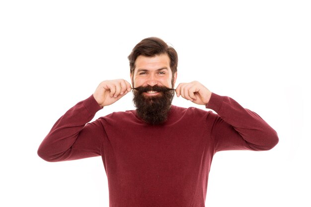 Il suo stile maturo uomo barbuto cura baffi hipster con baffi parrucchiere parrucchiere felice hipster dopo barbiere moda maschile barba cura dei capelli uomo brutale isolato su bianco amo il mio stile