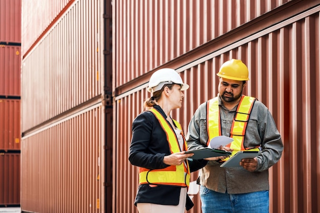 Il supervisore di una donna caucasica e un lavoratore industriale indiano lavorano con il tablet in un deposito di container