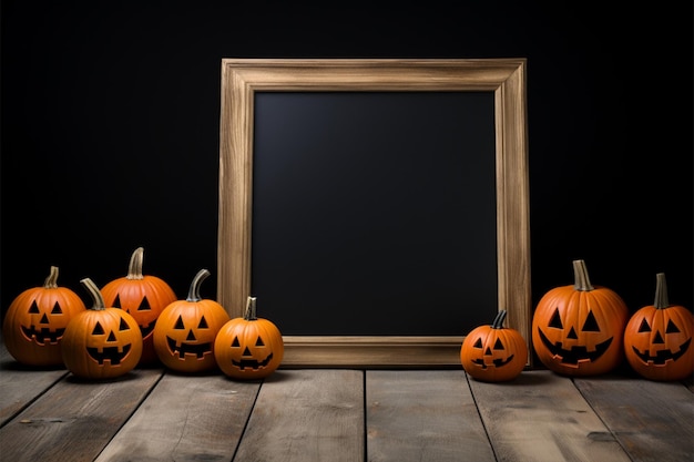 Il supporto per lavagna presenta zucche di Halloween su un pavimento in legno con sfondo nero