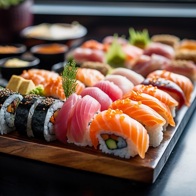 Il sushi allettante delizia una festa culinaria