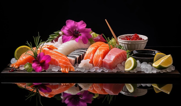 il sushi è su una lastra di ardesia nera nello stile di nature morte realistiche con un'illuminazione drammatica