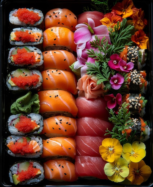 Il sushi è un piatto giapponese costituito da riso aceto di solito con un po 'di zucchero e sale e una varietà di ingredienti come verdure di frutti di mare e occasionalmente frutti di mar.