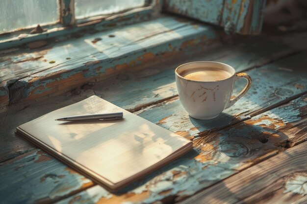 Il tavolo con una tazza di caffè caldo atmosfera mattutina quaderno penna e spazio sul lato sinistro
