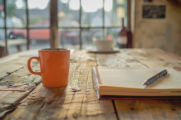 Il tavolo con una tazza di caffè caldo atmosfera mattutina quaderno penna e spazio sul lato sinistro