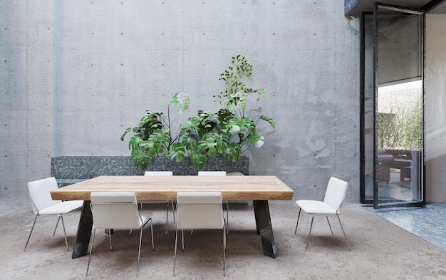 Il tavolo da pranzo da giardino semiaperto è decorato con pareti in cemento e illustrazione 3D del fogliame