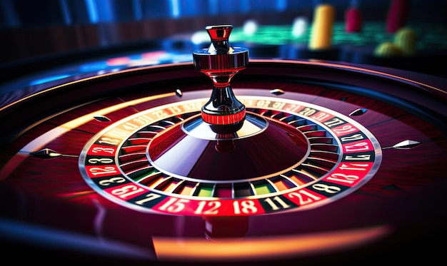 Il tavolo della roulette del casinò era adornato con fiches colorate e un'elegante ruota