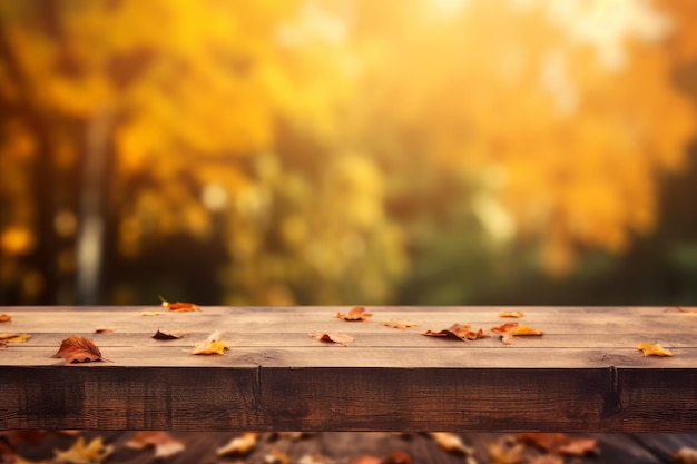 Il tavolo di legno vuoto con lo sfondo sfocato dell'autunno immagine esuberante