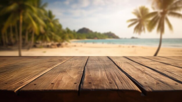 Il tavolo di legno vuoto con uno sfondo sfocato della spiaggia della Thailandia Immagine esuberante