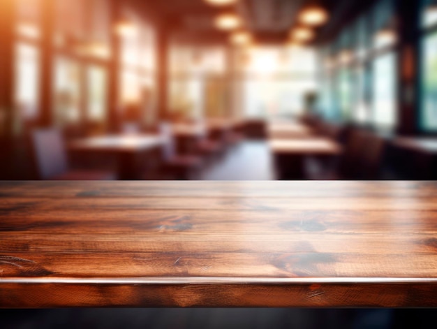 Il tavolo di legno vuoto e la caffetteria sfocano lo sfondo con l'immagine bokeh AI generativa