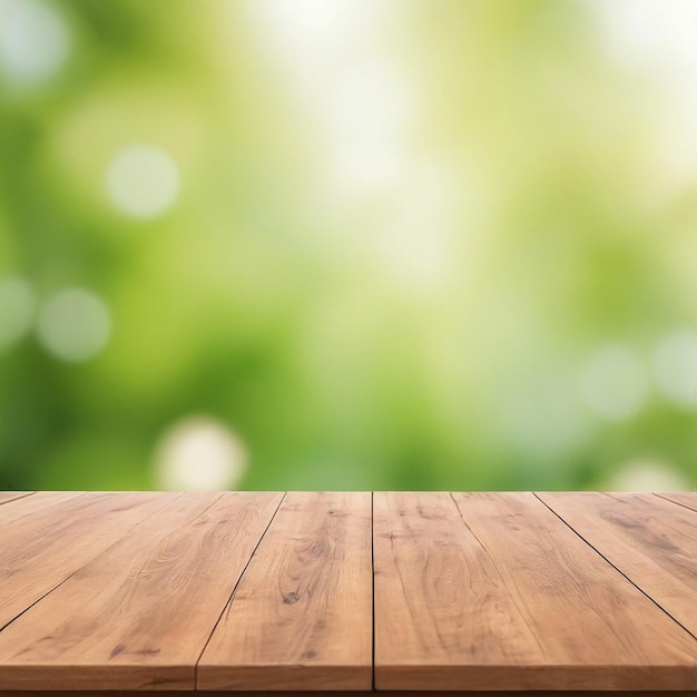 Il tavolo in legno su uno sfondo verde sfocato può essere utilizzato per il montaggio o per la visualizzazione dei prodotti