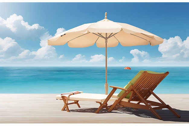 Il tavolo, sedie e ombrellone con sfondo spiaggia e cielo Concetto per il riposo relax ai
