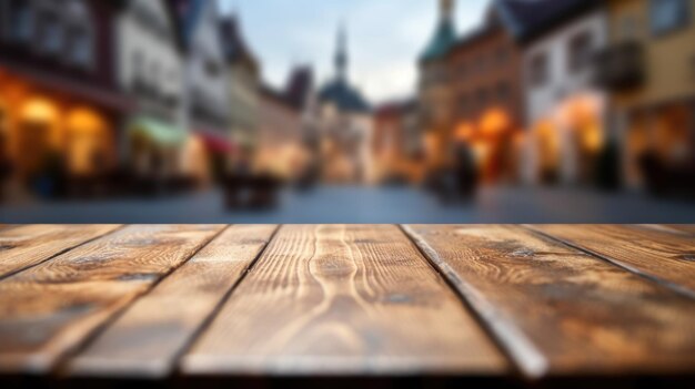 Il tavolo vuoto in legno con sfocatura dello sfondo della piazza Immagine esuberante