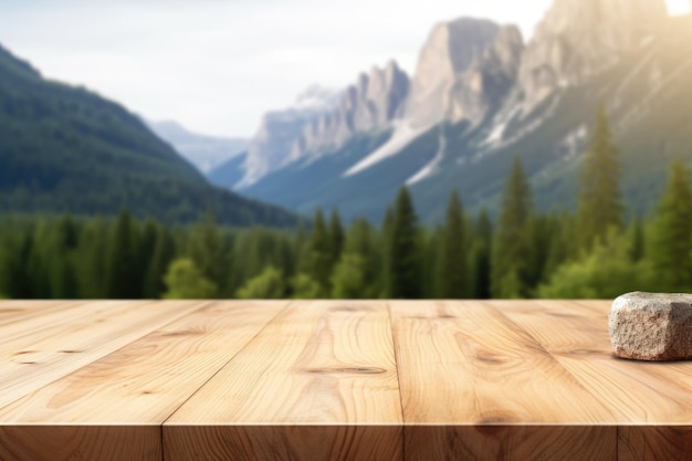 Il tavolo vuoto in legno marrone con sfocatura dello sfondo della montagna dolomitica Generativo AI AIG30