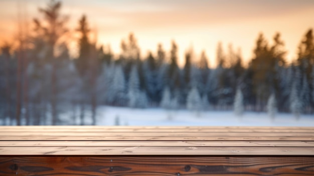 Il tavolo vuoto in legno marrone con sfondo sfocato della natura finlandese Immagine esuberante