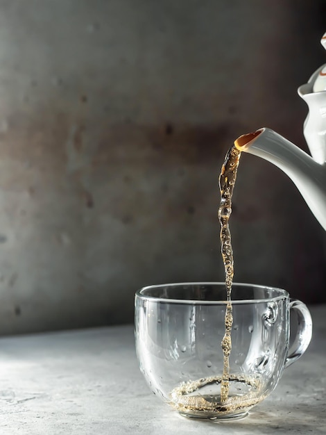 Il tè viene versato nella tazza da tè di vetro con vapore