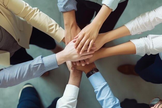 Il team aziendale che mette le mani insieme la vista superiore generata dall'IA